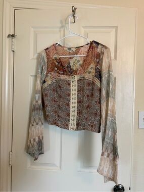 Buckle Multicolor Patchwork Lace-Up Boho Blouse